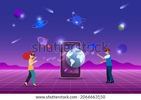 Metaverse, virtual reality technology, user interface 3D experience with smartphone and digital devices. Man and woman with VR headset glass online connecting to virtual space and universe. Photo stock © 
