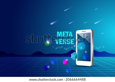Metaverse, virtual reality technology, user interface 3D experience with smartphone and digital devices. Smartphone with word metaverse in virtual space and universe.