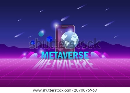 Metaverse, virtual reality and augmented reality technology, user interface 3D experience. Computer generated word metaverse on smart phone in virtual space and universe environment.