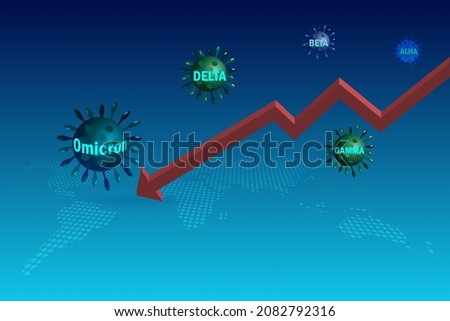 Omicron, new variant of covid19 coronavirus with alpha, beta, delta and gamma and falling down graph. New variant of Covid-19 coronavirus effect to global economic depression and unemployment rate.