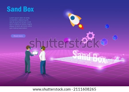 Sandbox, demo test software programing. Virtual experiment  development technology in metaverse cyber space simulation background