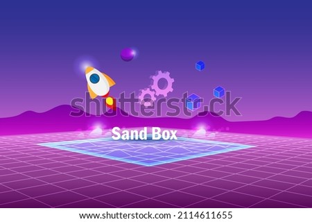 Sandbox, demo test software programing. Virtual experiment  development technology in metaverse cyber space simulation background.