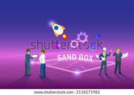 Sandbox, demo test software programing. Engineering team discuss virtual experiment  program in metaverse sanbox simulation background