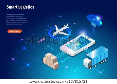 Smart logistics delivery tracking system on smartphone. Shipment carton delivery by with airplane and truck with cloud computing use wireless technoloty. Global transportation import export freight. 