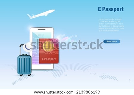 E passport, electronic passport on smartphone with luggage and airplane. Digital official passport online for traveling.
