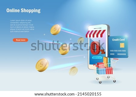 Money flying from online shopping with 0% credit card payment on smartphone. Financial campaign promotion for digital marketing on mobile, online store and e commerce
