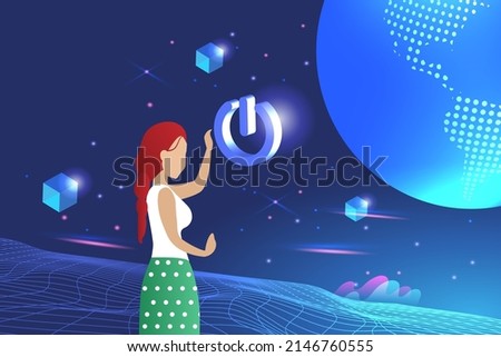 Woman turn on switch on cyber experience to explore space and universe. metaverse interface technology in virtual reality, augmented reality environment.