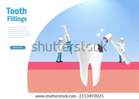 Dental tooth fillings, oral medicle health care Dentists injecting anaesthetic, drilling decay tooth to fill patient dent Dental treatment and stomatology.
