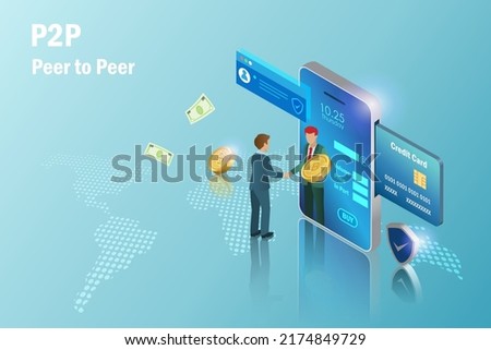 P2P, peer to peer trading, fiat and spot online crypto currency trading, global financial technology concept. Businessman exchange digital money via smart phone platform application.