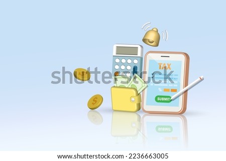 Tax time reminder. Online income tax filing submitted on smart tablet with calculator and ringing bell to remind for income tax filing. 3D vector.