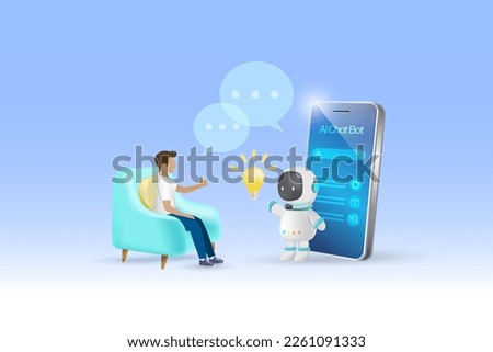 AI chat bot chatting with man provide smart solution idea on tablet. Artificial intelligence robot answer questions and generate smart refinement conversation. 3D vector.