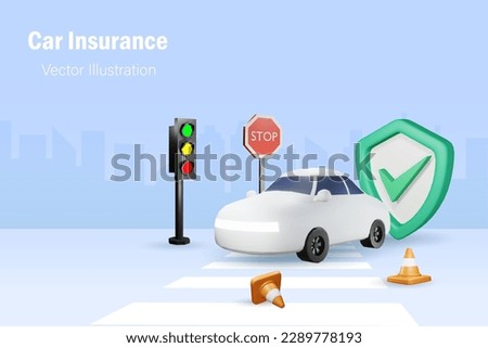 Car insurance. Car with protective shield on city street with traffic light and stop sign. Protection from accident and damage. 3D vector illustration.