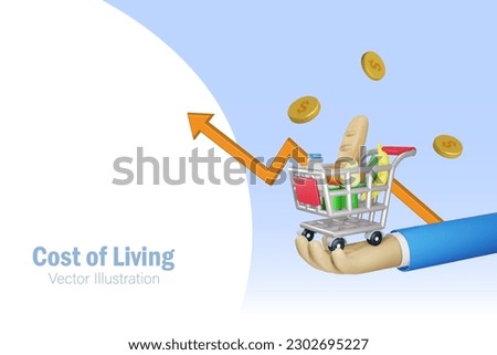 Businessman hand hold grocery foods in shopping cart with high graph. Growth of grocery price. CPI, consumer price index, economic inflation and cost of living concept. 3D vector.