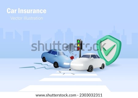 Car accident with shield insurance protection. Crashing cars on street at traffic light. Car accident and insurance concept. 3D vector.
