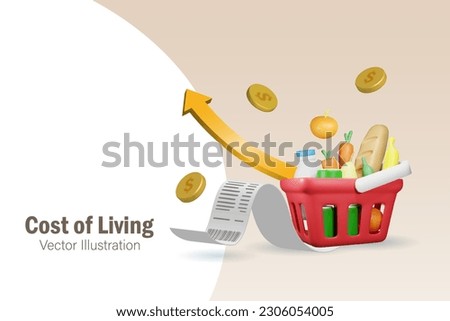 Grocery foods in shopping basket with high graph and receipt bill. Cost of living, growth of grocery price, economic inflation concept. 3D vector.