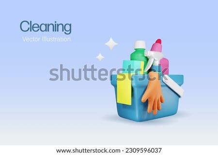 Cleaning products in bucket. Sanitary chemical products for home cleaning, floor, kitchen and toilet. Cleaning house and domestic households chore concept. 3D vector.