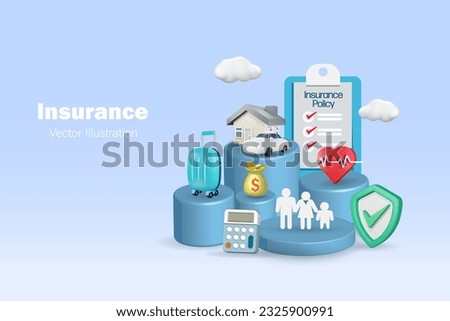 Insurance products on podiums, for family, medical, home, car and travel insurance with insurance policy and protection shield. 3D vector. 