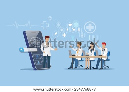 Medical education Technology. Medical students e learning with professor via remote online video web conference on digital mobile screen. Medical school global wireless technology. 