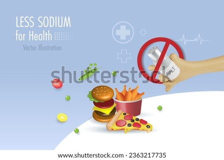 Eat less sodium chloride, less salt for health. Hand holding salt bottle with stop sign, remind not put too much salt on foods. 3D cartoon character.