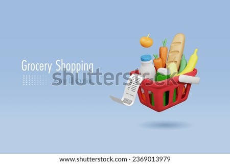 Online shopping and grocery delivery service, Shopping basket with grocery foods and receipt bill. Supermarket and discount store. 3D realistic cartoon character. Vector. 