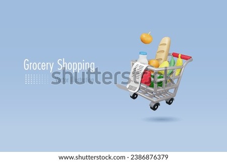Online shopping and delivery service. Grocery foods in shopping trolley cart with receipt bill. Supermarket and discount store. 3D Vector. 