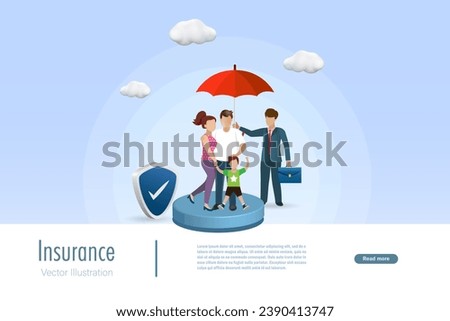 Insurance agent holding umbrella protect family with insurance shield. Health and medical insurance for family proection. Vector.