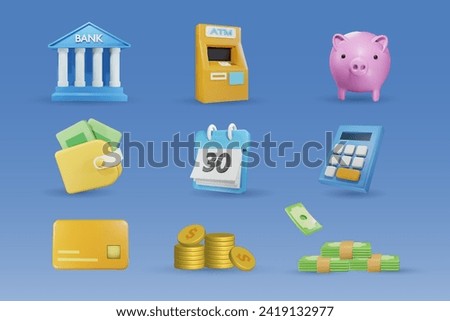 3D financial and banking icon set for business and investment. Bank building, ATM, piggy bank, money purse, calendar, calculator, credit card, gold coin and banknote stack. Vector cartoon character. 