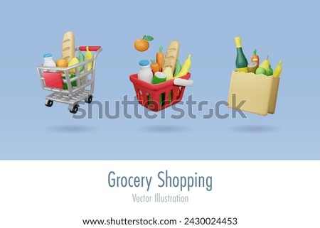 Online shopping grocery set. Shopping basket, shopping bag and trolley cart full of grocery products. E commercial elements for advertising and retail business marketing. 3D vector.