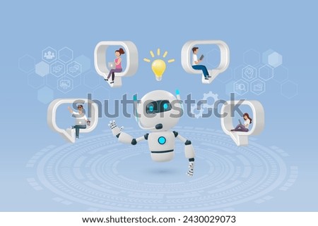 AI chat robot giving smart solution to people in speech bubble. Artificial Intelligence robot communication technology. 3D vector.