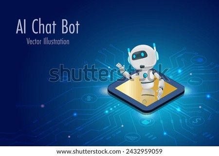 AI chat robot on electric digital circuit board. Artificial intelligence bot innovation technology defines big data and develop smart solution to users. 3D vector created from graphic software.