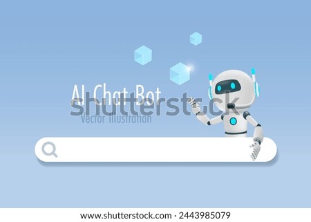 AI chat robot with digital searching bar. AI robotics and chatbot innovation technology provide smart information and solution in research and development. 3D vector.