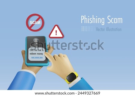 SMS phishing scam, cyber attack and digital crime. Businessman hand holing smartphone with SMS fraud link to steal money from mobile user. Vector.