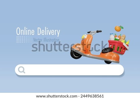Online shopping grocery delivery service. Scooter with grocery basket on searching bar. Express home delivery wireless technology. 3D vector created from graphic software.