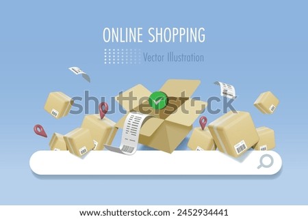 Online shopping and e commerce distribution with guarantee service. Open shipping boxes with quality protection on searching bar. 3D vector created from graphic software.