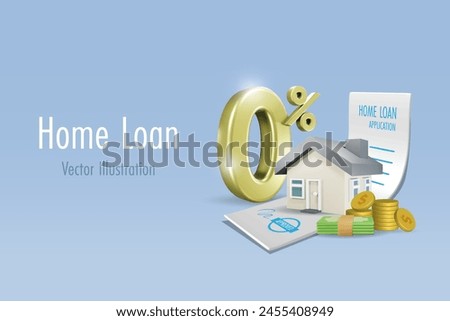 Home loan, mortgage refinance concept. House with zero percent interest fee offer on approved home loan application paper. Banking, financial loan campaign. 3D vector.