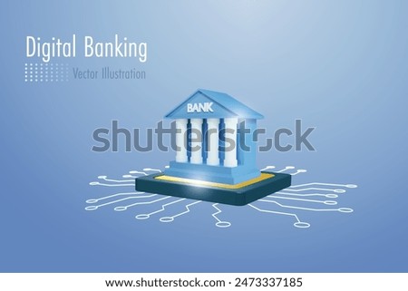 Digital banking. Virtual bank building on microchip circuit. Financial innovation technology, online payment with security service. 3D vector.