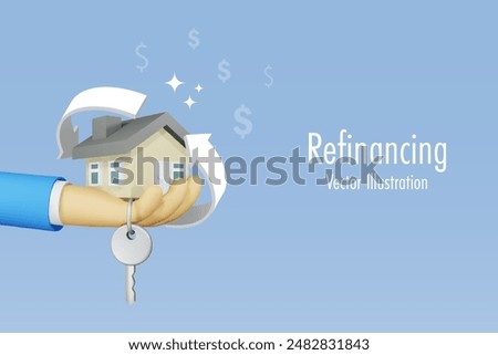 Mortgage refinance concept. Businessman hand holding house with refinancing arrow. Home loan, banking and financial service. 3D vector.