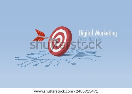 Digital marketing and success business target using AI technology. Target arrow on electronic circuit board. 3D vector.