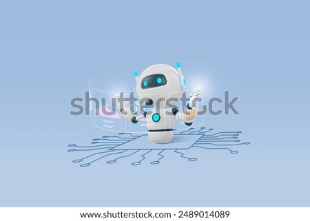 AI chat robot analyzing business graph chart data on circuit board. Artificial intelligence technology revolution and development, machine learning. Implement of robotic science research in business. 