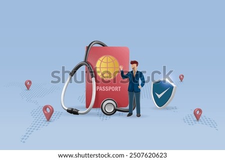 Global comprehensive coverage for travel and medical insurance. Insurance agent with passport, stethoscope and shield guard on world map. Travel insurance coverage and medical tourism concept. Vector.