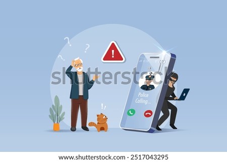 Cyber crime, phone crime calling. Fake police scammer calling senior man to lure and steal money from bank account. Cyber security awareness. Vector.