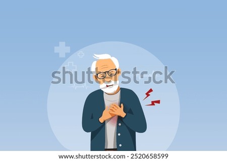 Senior man holding chest suffering from heart attack. Medical emergency from heart diseases. Senior health care concept. Vector.