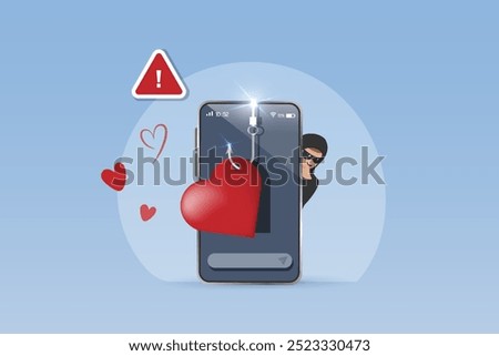 Romance scam, online dating phishing scam. Scammer with phishing hooks on women heart, fraud chatting on victim woman. Cyber crime, vector.