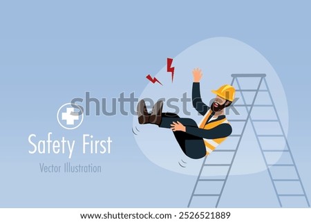 Industrial worker falling down from ladder stairs. Safety first, careless and accident at construction site concept. Vector 