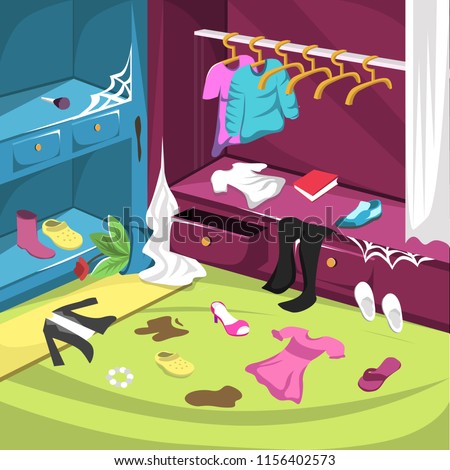 Vector Dirty Shoes Cupboard and Dress Room with jacket hanger, pair of shoes and white curtain for illustration Cartoon Interior ideas