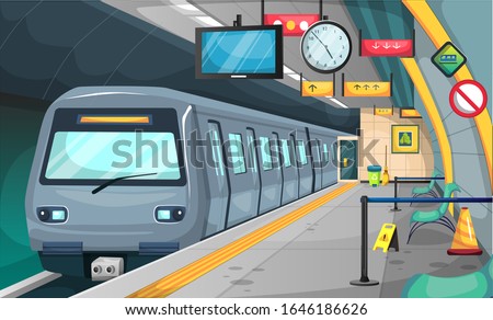 Clean Subway Train Station with Floor and Stop Sign, Chairs, Recycle Trash, Broom, Big Clock, TV Time for Vector Illustration Interior Design Ideas