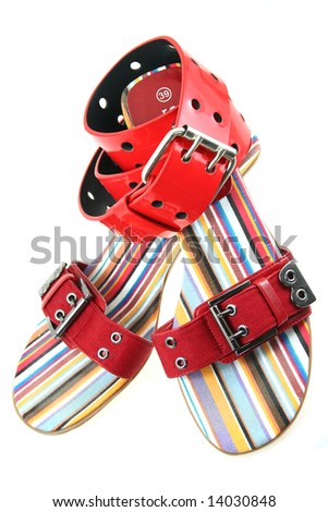 trendy red belt and colored feminine shoes on white background as sample of my isolated outfit images