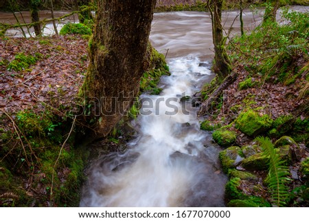 Confluence of a tributory stream and the River Neath (Afon Nedd). Fast-flowing long-exposure water. Stok fotoğraf © 