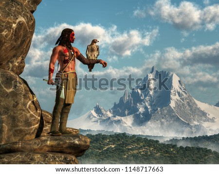 A Native American hunter stands on the edge of a rocky cliff looking across a forested valley at a distant snow covered mountain. On his arm, perches his pet hawk. 3D Rendering