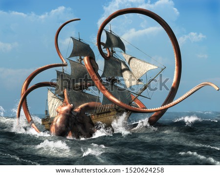 The Kraken is a creature of Scandinavian folklore said to be appear like a giant octopus or squid, a legendary monster capable of bringing down ships. 3D Rendering